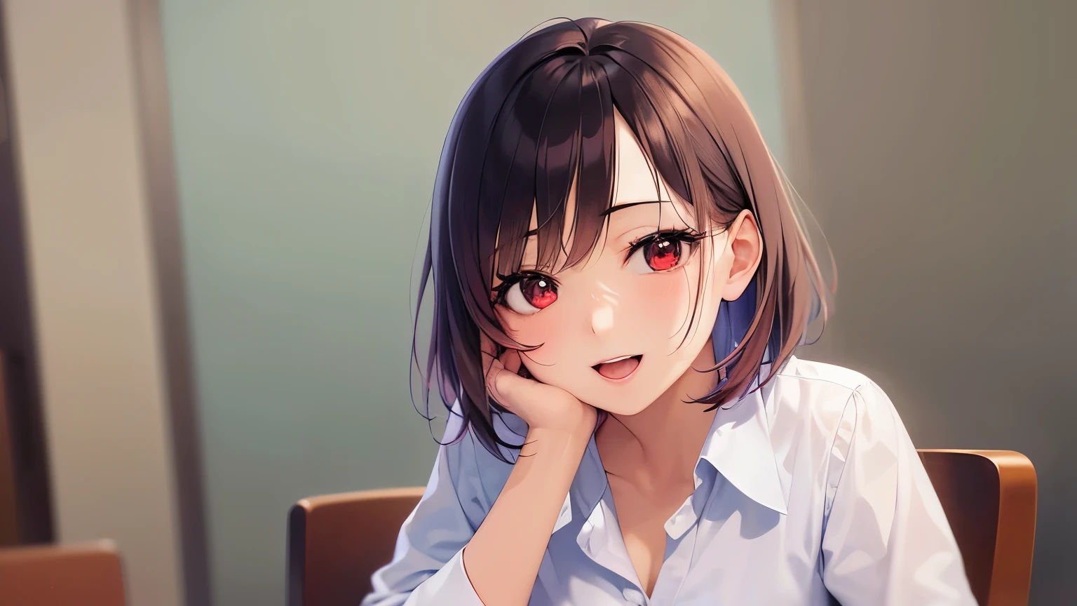 Cheek Rest, Realistic, real person, RAW photo, photorealistic, portrait photography, shiny skin, japanese idol, 25 year old woman、(bob cut hair) and (red hair) and (red eyes:1.3), wearing a white blouse、smile, open mouth, blush, The background is a conference room、sitting、You are in a meeting、Alone、Staring,