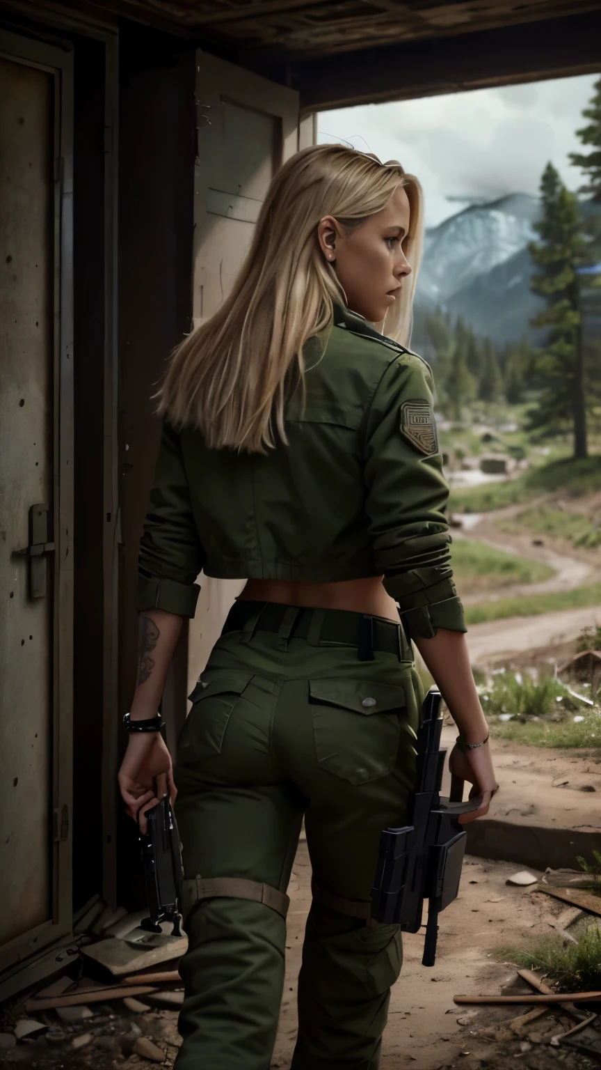 Foto hiperrealista en primer plano de 20 years old Maria Bello,, masterpiece, best quality, (photorealistic:1.4), full body, green army jacket, green uniform blouse, green tactical pants, Depict a rural landscape in the rugged style of the game's concept art. This work should evoke a sense of abandonment and despair in a futuristic, post-apocalyptic world. Notice the intricacies of detail, the sharp focus. cinematic light, beautiful woman, skinny, small breasts, straight blond hair, detailed face, photo taken from a distance, she holds a Glock 17 pistol in her hand, sshe walks away, her butt is visible