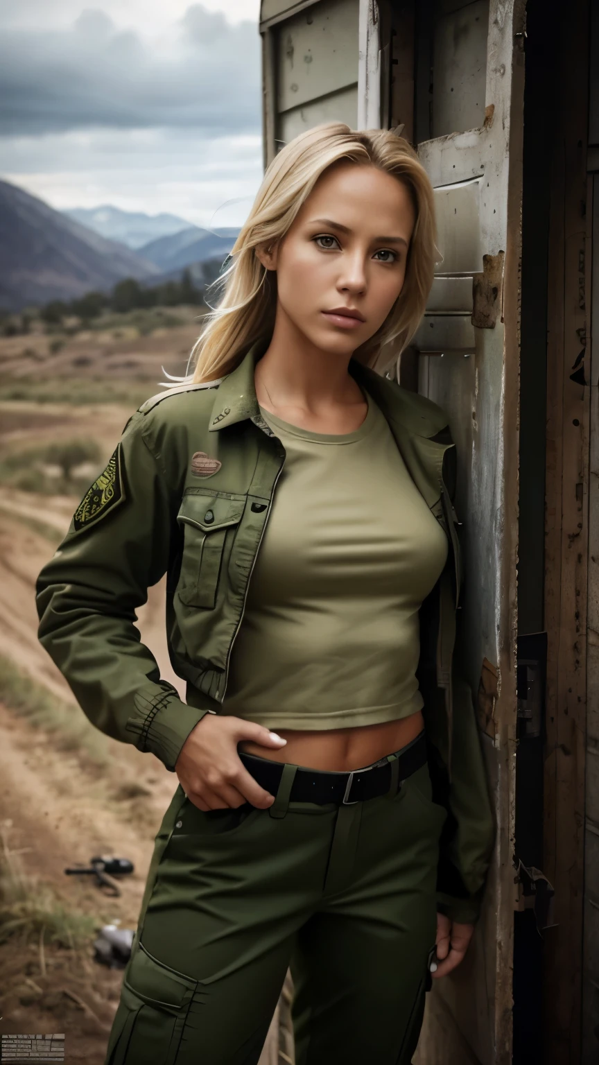 Foto hiperrealista en primer plano de 20 years old Maria Bello wear new green army uniform (jacket, top, tactical pants), Depict a rural landscape in the rugged style of the game's concept art. This work should evoke a sense of abandonment and despair in a futuristic, post-apocalyptic world. Notice the intricacies of detail, the sharp focus. cinematic light, beautiful woman, skinny, small breasts, straight blond hair, detailed face, photo taken from a distance, she holds a Glock 17 pistol in her hand