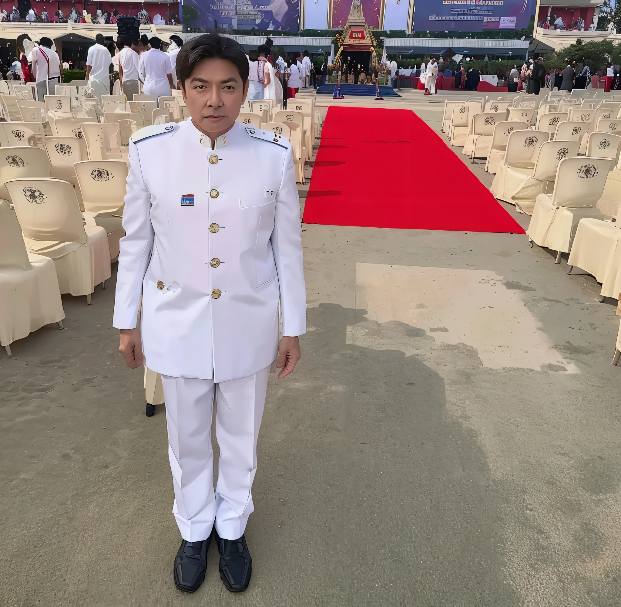 Aarav man in uniform stands in front of the red carpet.., Thawan Duchanee, The background is heavenly.., Patiphan Sotiwilaiphong, The front is a white backdrop., He is about 60 years old.., He is about 60 years old.., Picture taken on 2 0 2 0, My name is Chandra.