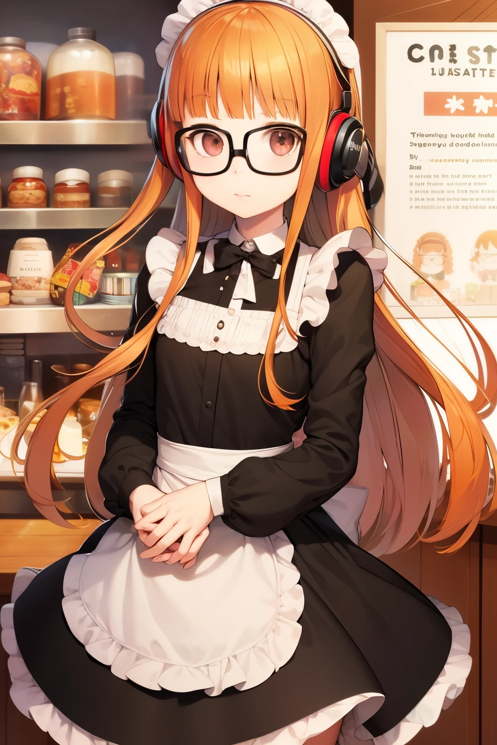 masterpiece, highest quality, High resolution,
1 girl, futaba sakura, dull bangs, Glasses, black frame eyewear, Ahoge,
maid dress, maid headdress, headphones, behind-the-head headphones,
cowboy shot, Cafe,Inside the store