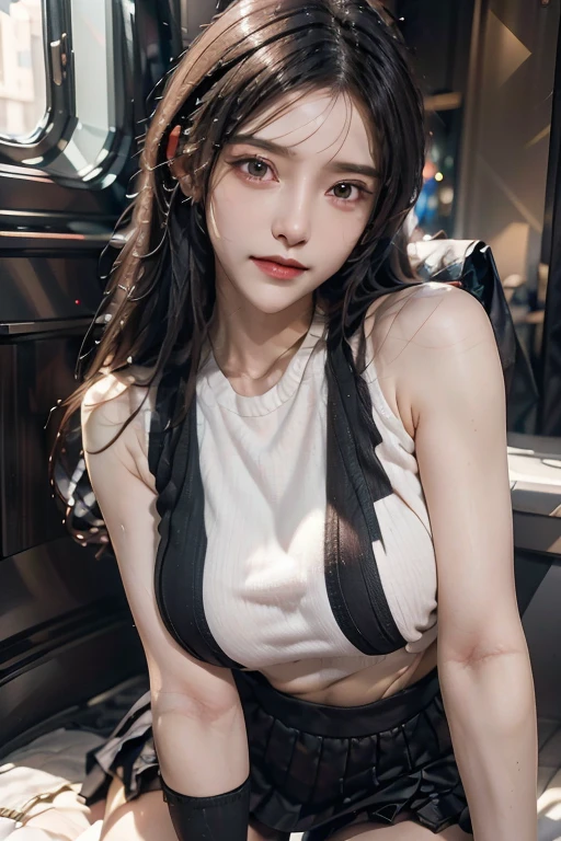 8K,masterpiece, quality loss,big, (1 girl), tifa lockhart, red_eye, black hair, long hair, shiny skin, shiny big, ((highest quality)), sharp focus: 1.2, Highly detailed face and skin texture, detailed eye, perfect face, perfect body, art, cg, blur background, big with presence, 20 years, Cool and beautiful face wear for adults (black skirt suspenders), black elbow gloves, white tight shirt, tin high, white tank top),