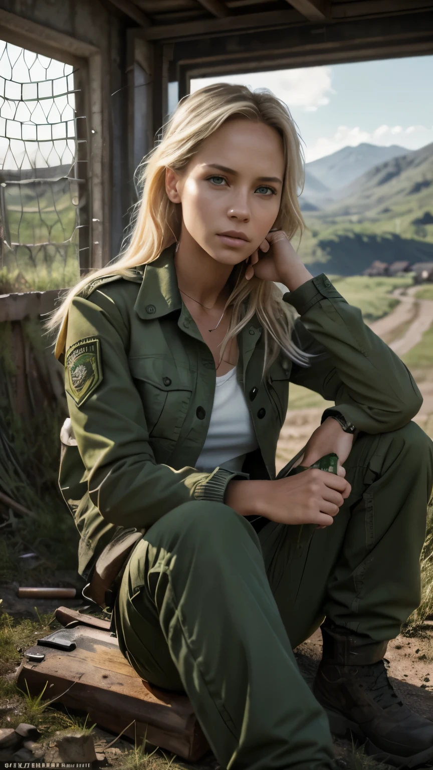Foto hiperrealista en primer plano de 20 years old Maria Bello,, masterpiece, best quality, (photorealistic:1.4), full body, green army jacket, green uniform blouse, green tactical pants,  Depict a rural landscape in the rugged style of the game's concept art. This work should evoke a sense of abandonment and despair in a futuristic, post-apocalyptic world. Notice the intricacies of detail, the sharp focus. cinematic light, beautiful woman, skinny, small breasts, straight blond  hair, detailed face, photo taken from a distance, she is sitting on the ground, she is very tired,