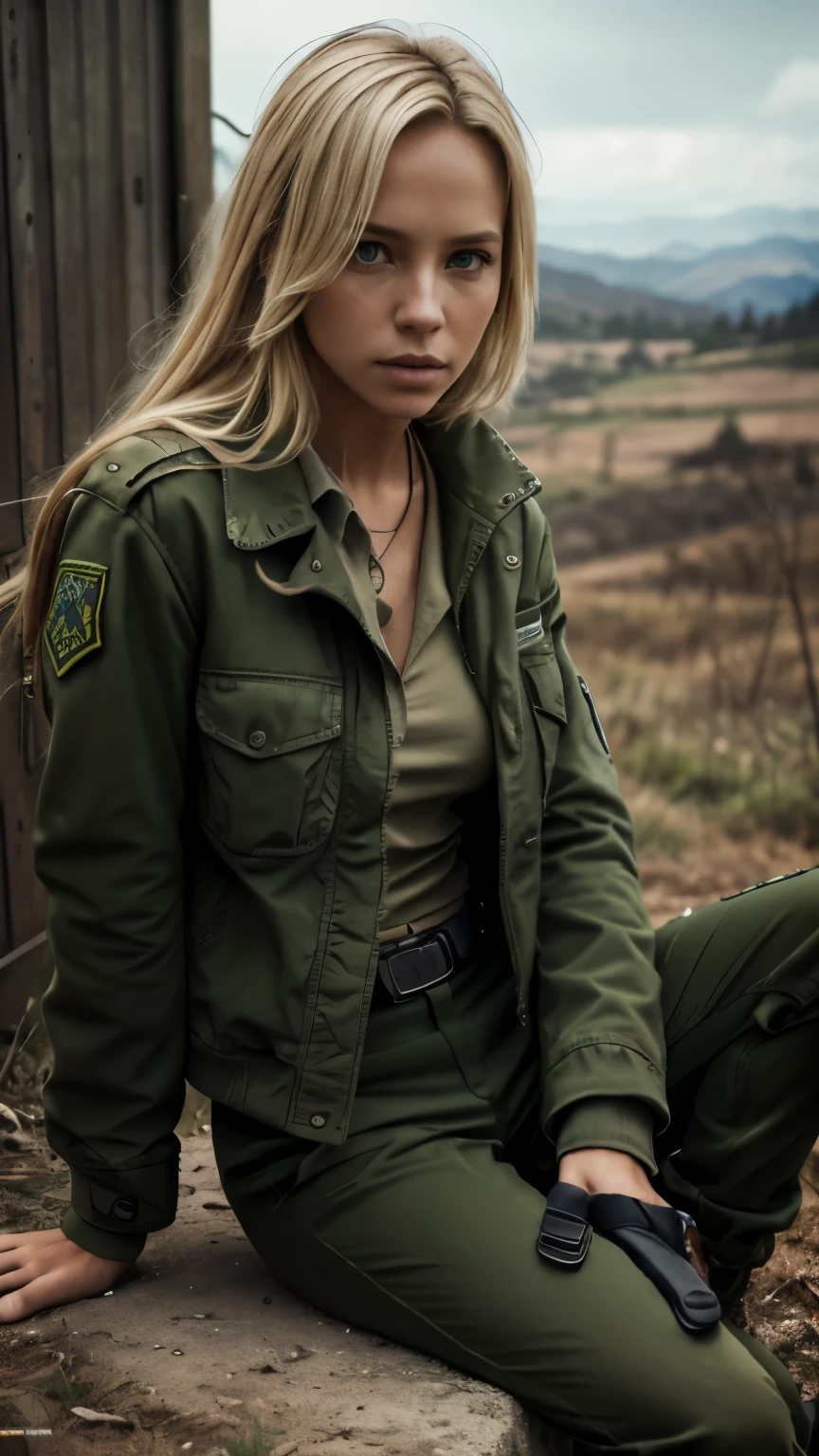 Foto hiperrealista en primer plano de 20 years old Maria Bello,, masterpiece, best quality, (photorealistic:1.4), full body, green army jacket, green uniform blouse, green tactical pants, Depict a rural landscape in the rugged style of the game's concept art. This work should evoke a sense of abandonment and despair in a futuristic, post-apocalyptic world. Notice the intricacies of detail, the sharp focus. cinematic light, beautiful woman, skinny, small breasts, straight blond hair, detailed face, photo taken from a distance, she is sitting on the ground, she is very tired,