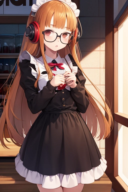 masterpiece, highest quality, High resolution,
1 girl, futaba sakura, dull bangs, Glasses, black frame eyewear, Ahoge,
maid dress, maid headdress, headphones, behind-the-head headphones,
cowboy shot, Cafe,Inside the store,big chest,I can see your chest