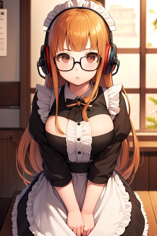 masterpiece, highest quality, High resolution,
1 girl, futaba sakura, dull bangs, Glasses, black frame eyewear, Ahoge,
maid dress, maid headdress, headphones, behind-the-head headphones,
cowboy shot, Cafe,Inside the store,big chest,I can see your chest