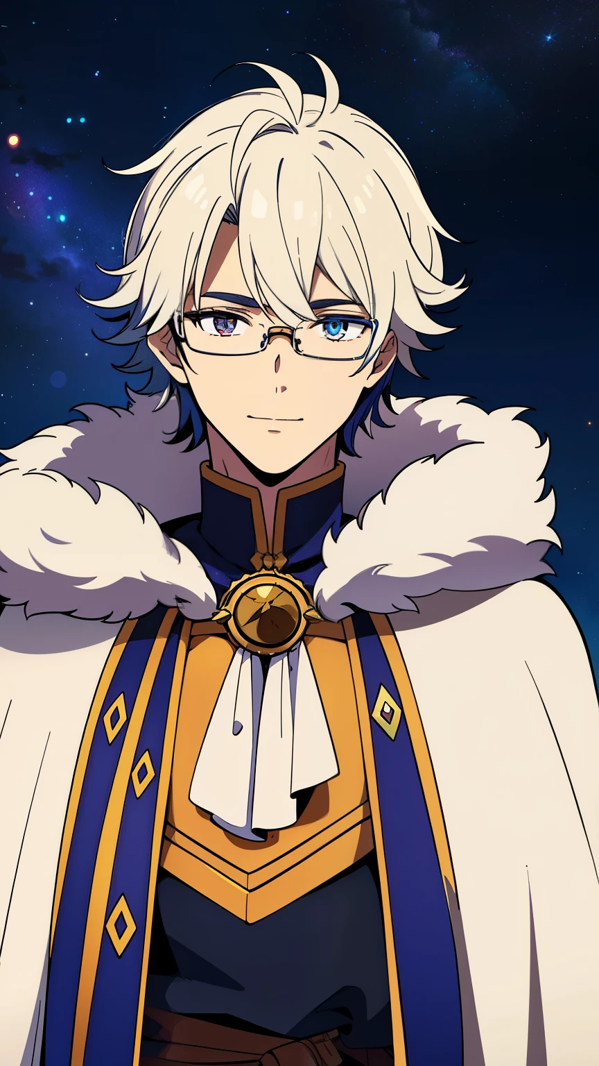 (high-quality, breathtaking),(expressive eyes, perfect face) 1male, male, solo, young adult, short length hair, Gradient Amber color hair, multicolored hair, white streaks, glowing hair, white strands in hair, unkept hair, silver eyes, positive expression, soft smile, cloak, shirt, fantasy mage clothing, Inventor attire, God Invention and Creation, space background, portrait, upper body, magic, elegant, fluffy spiky hair, age mid 20's, Greek Clothing, thin frame glasses