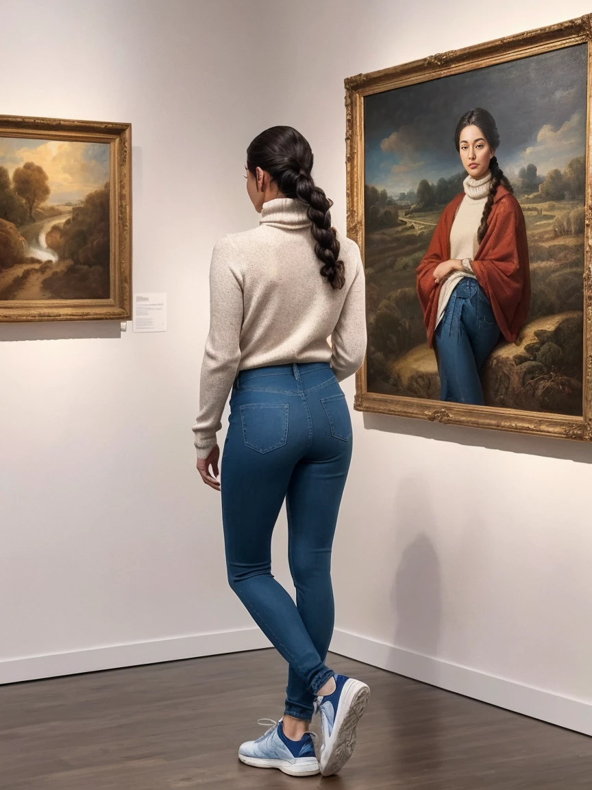 perspective view, full body view, pretty woman aged 35, wearing denim pants, sports shoes and a black long turtleneck, standing in an elegant art gallery and looking at the paintings hanging on the wall, dark hair, french braid, facing away from the camera, high quality, photorealism