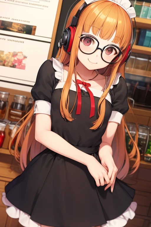 masterpiece, highest quality, High resolution,
1 girl, futaba sakura, dull bangs, Glasses, black frame eyewear, Ahoge,
maid dress, maid headdress, headphones, behind-the-head headphones,
cowboy shot, Cafe,Inside the store,big chest,open-chested clothes,slouch,smile