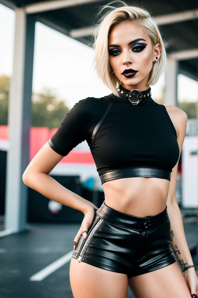 (realistic,photography:1.2),slim sexy punk woman, techno aesthetic, techno fashion, festival outfit, tight Crop Top, tight short hotpants, blonde bold and edgy hair, black make up, close-up, full body shot