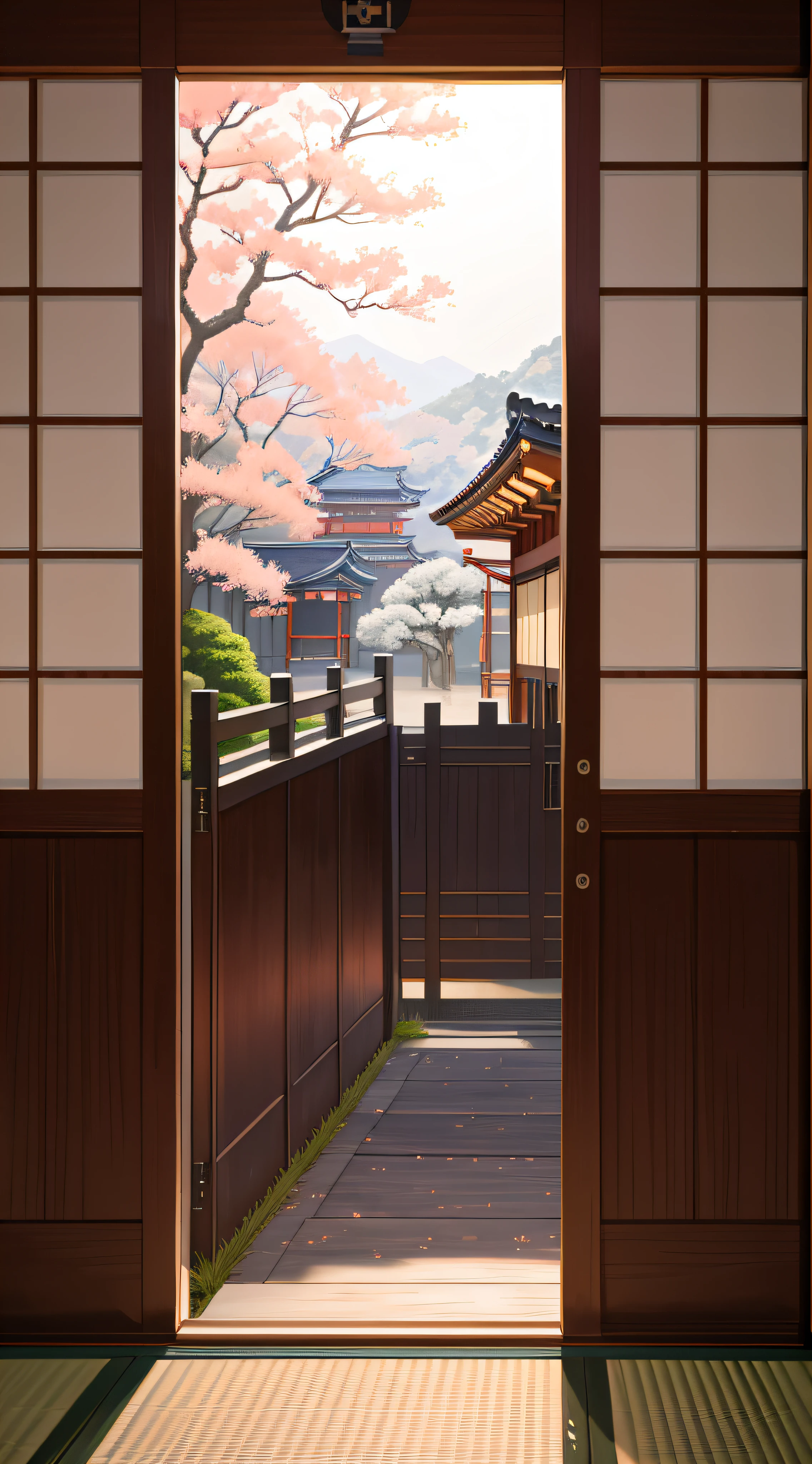 night,Door,modern architectural door style,Modern style decorative pattern door,Japanese art style,background art,Kyoto inspiration,beautiful anime scene,anime background,Japantown,street japan,Beautiful digital artwork,beautiful anime scenery,The door is decorated with patterns,landscape background,front perspective,night view,