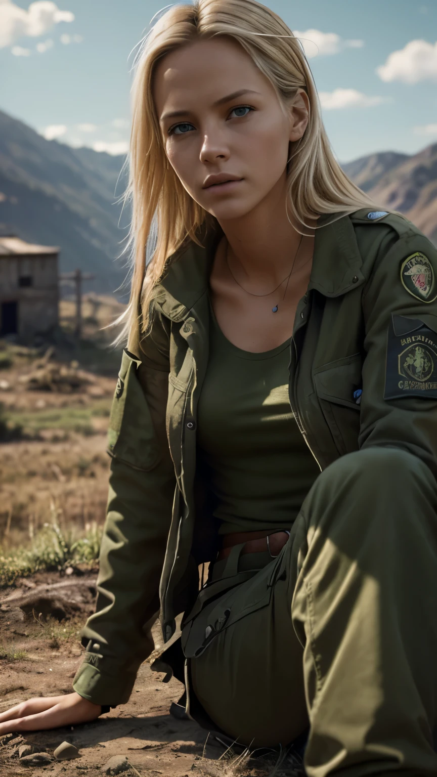 Foto hiperrealista en primer plano de 20 years old Maria Bello,, masterpiece, best quality, (photorealistic:1.4), full body, green army jacket, green uniform blouse, green tactical pants, Depict a rural landscape in the rugged style of the game's concept art. This work should evoke a sense of abandonment and despair in a futuristic, post-apocalyptic world. Notice the intricacies of detail, the sharp focus. cinematic light, beautiful woman, skinny, small breasts, straight blond hair, detailed face, photo taken from a distance, she is sitting on the ground, she is very tired, sits backwards