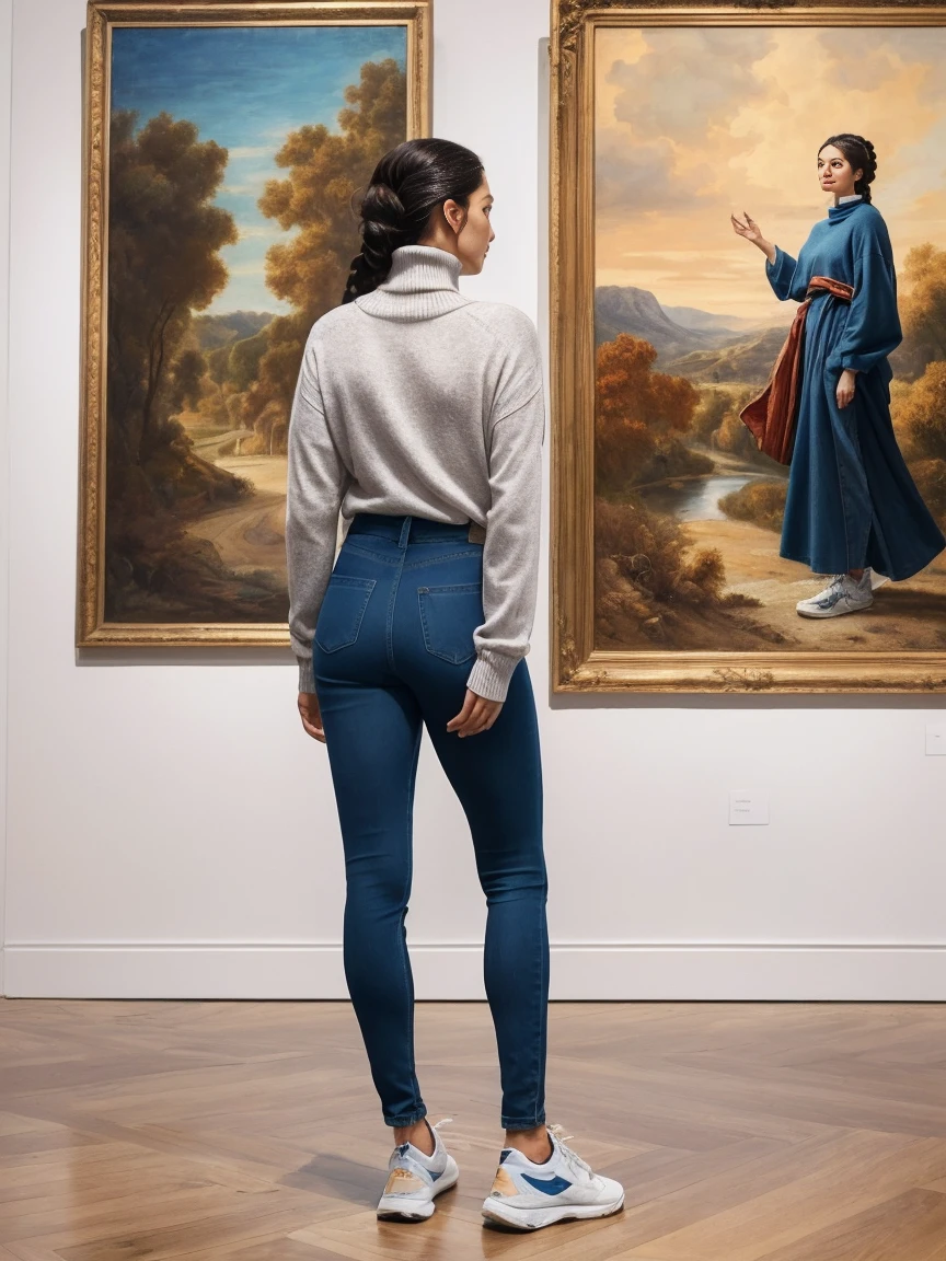 perspective view, full body view, pretty woman aged 35, wearing denim pants, sports shoes and a black long turtleneck, standing in an elegant art gallery and looking at the paintings hanging on the wall, dark hair, french braid, facing away from the camera, high quality, photorealism