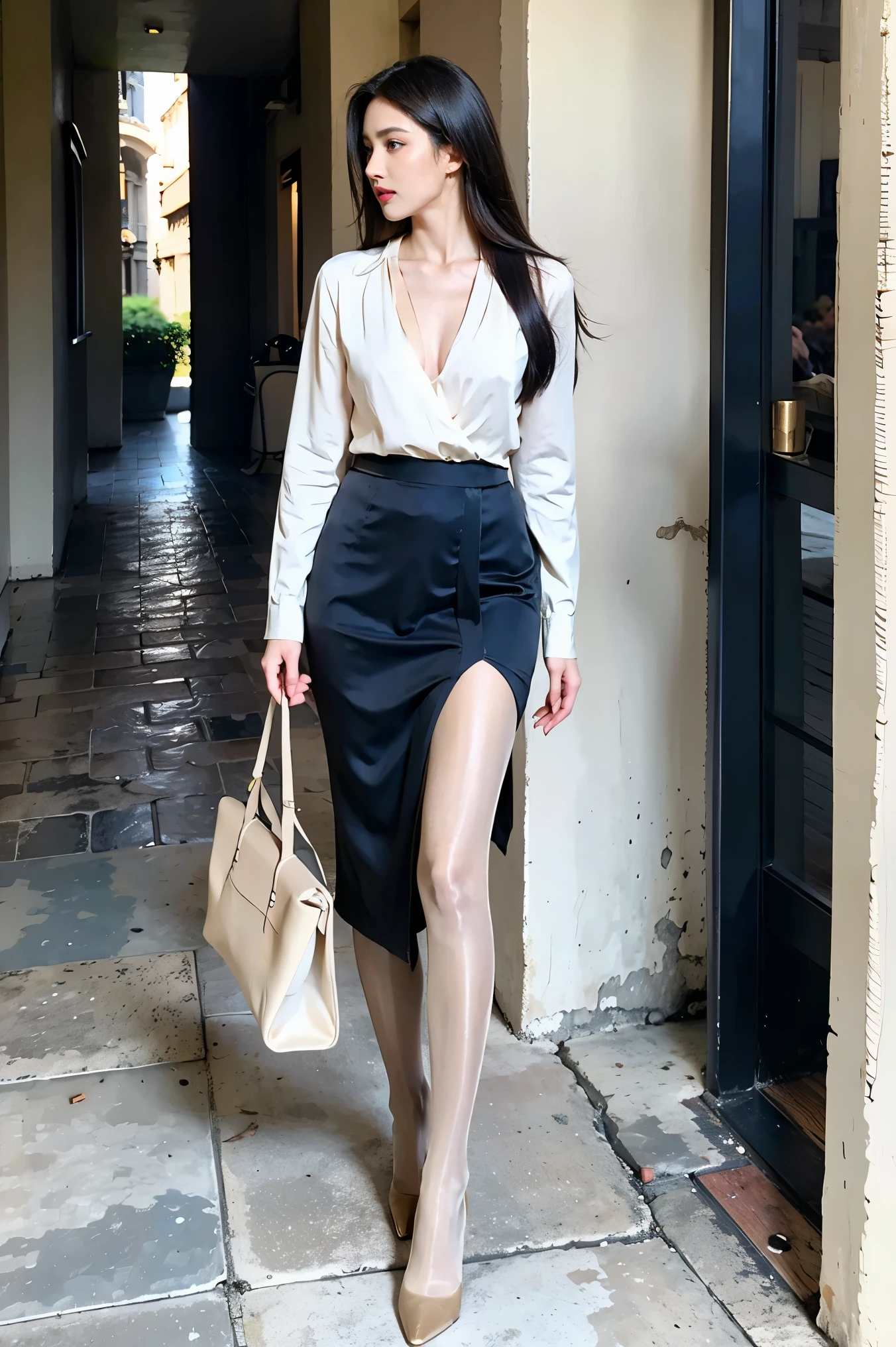 1 girl,(European model:1.3),31 years old,exquisite,Business womenswear,(jacket:1.1),(shirt:1.1),(Wrap skirt:1.1),Accessories,jewelry,briefcase,knitwear,,goosebumps,goose-flesh，（fidelity：1.3），filigree，quality，（masterpiece：1.2），（fidelity：1.2），（best quality），（Skin details：1.3），（intricate details），drama，Ray tracing，photo，bathed in light and shadow，visual novel，street with skyscrapers，On a bustling city street，film grain，Depth of field 100mm，Flick，full-body shot，skin tone，High heel，Stand apart，Blue sky and white clouds，sunny