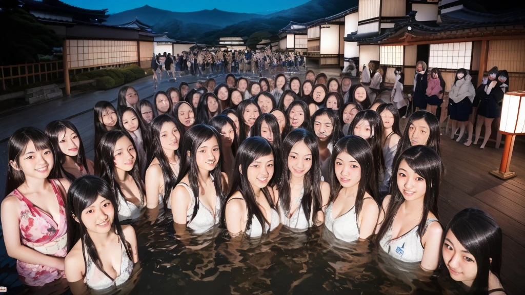 NSFW, full nude, crowd, (group of Japanese girls and an old man:2), onsen, arms behind head, from above:1.3, muster piece, best quality, 8K, Raw photo, realistic photo, Super realistic, pale skin, detailed skin, detailed face, detailed eyes, real person, photorealistic, black hair, perfect body, large breast, cleavage, nose blush, at night, smile