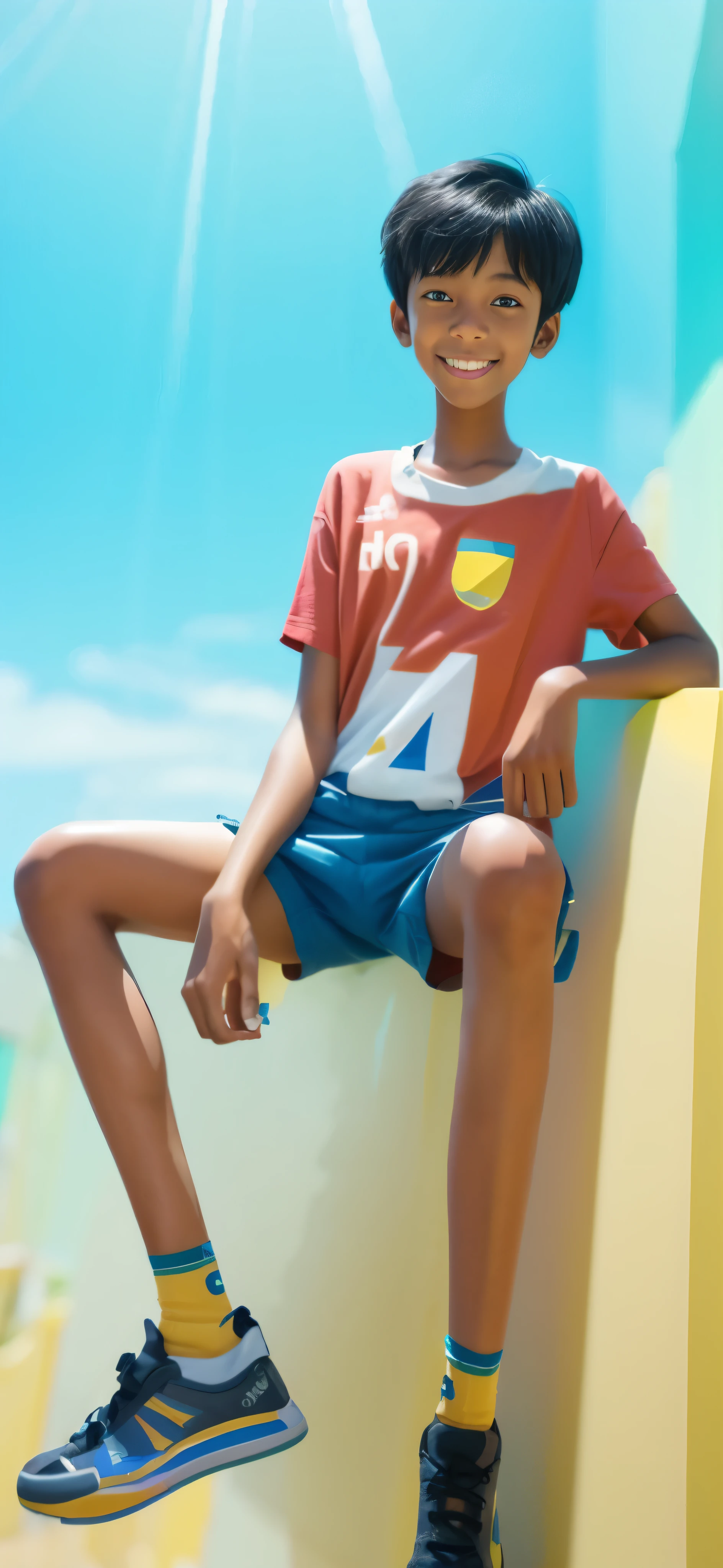 boy,wheat bran,Lemon yellow knitted shorts,,Bright blue short sleeves,big eyes,very short blue hair,Tall and skinny,full-body shot,a junior highl student,toothy smile,Wear bright red socks,realistic person,best quality,8k,galaxy background,starry sky,Milky Way,sharpen