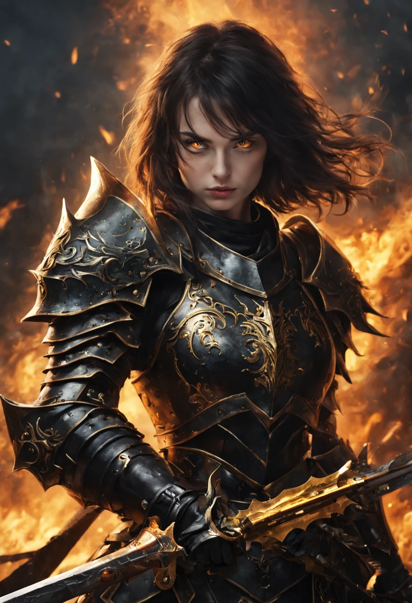 beautiful girl in heavy armor, fine face, Holds a great sword, In battle, Dragon Knight, black armor with gold,Burning eyes