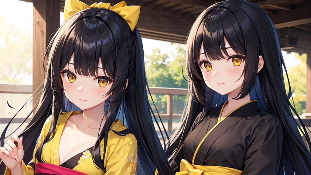 semi realis, black hair, long hair, hime hair cut, yukata black dress, confident, bangs, yellow eyes, cute 
