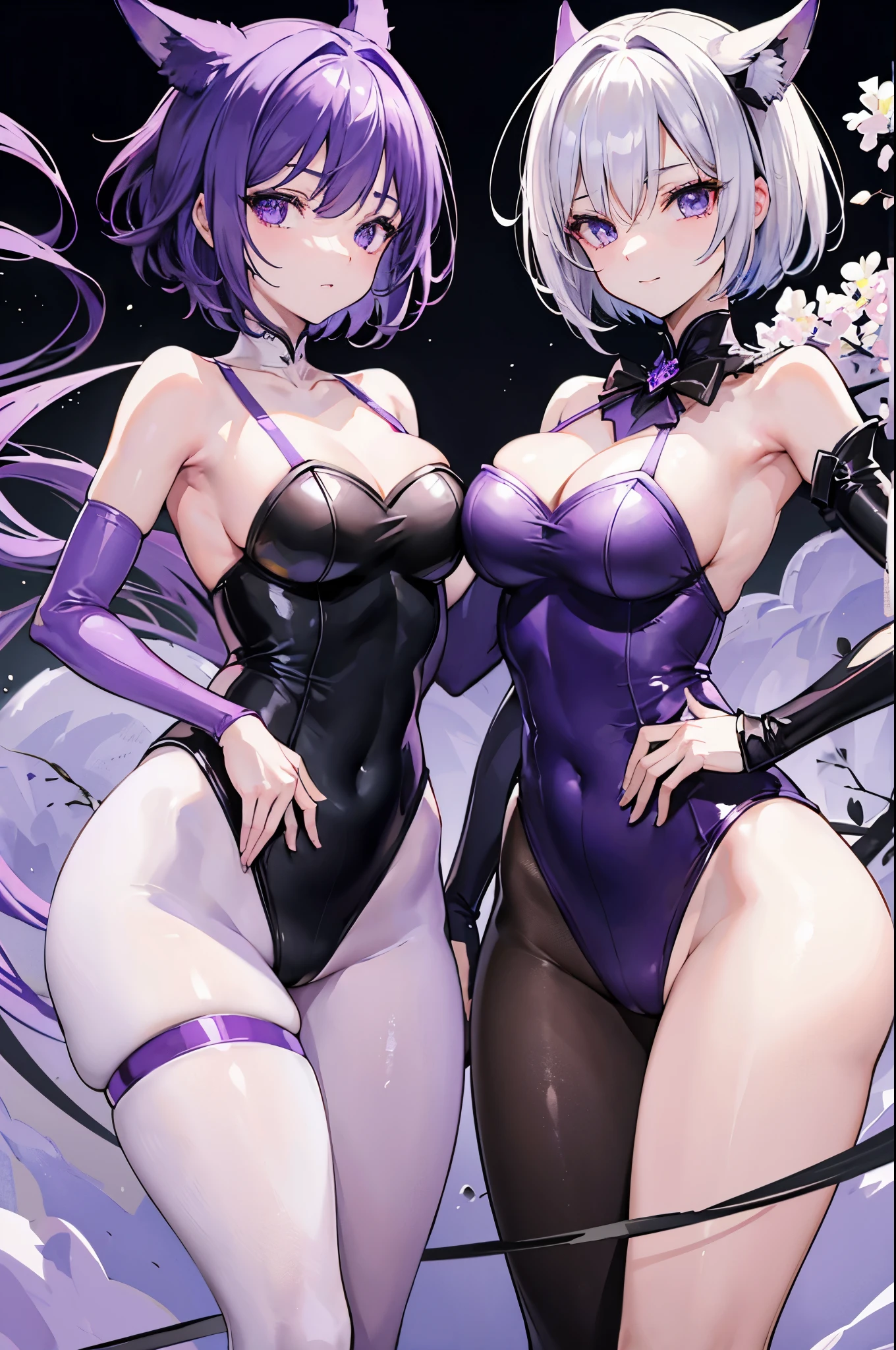 Carefully draw the face High-quality faces in anime style Lilac short bob super shiny skin black leotard Purple pantyhose lure smile back view
