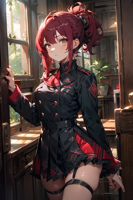 ((masterpiece))、uniform、earrings、A lot、Crimson hair、ponytail、Carmilla