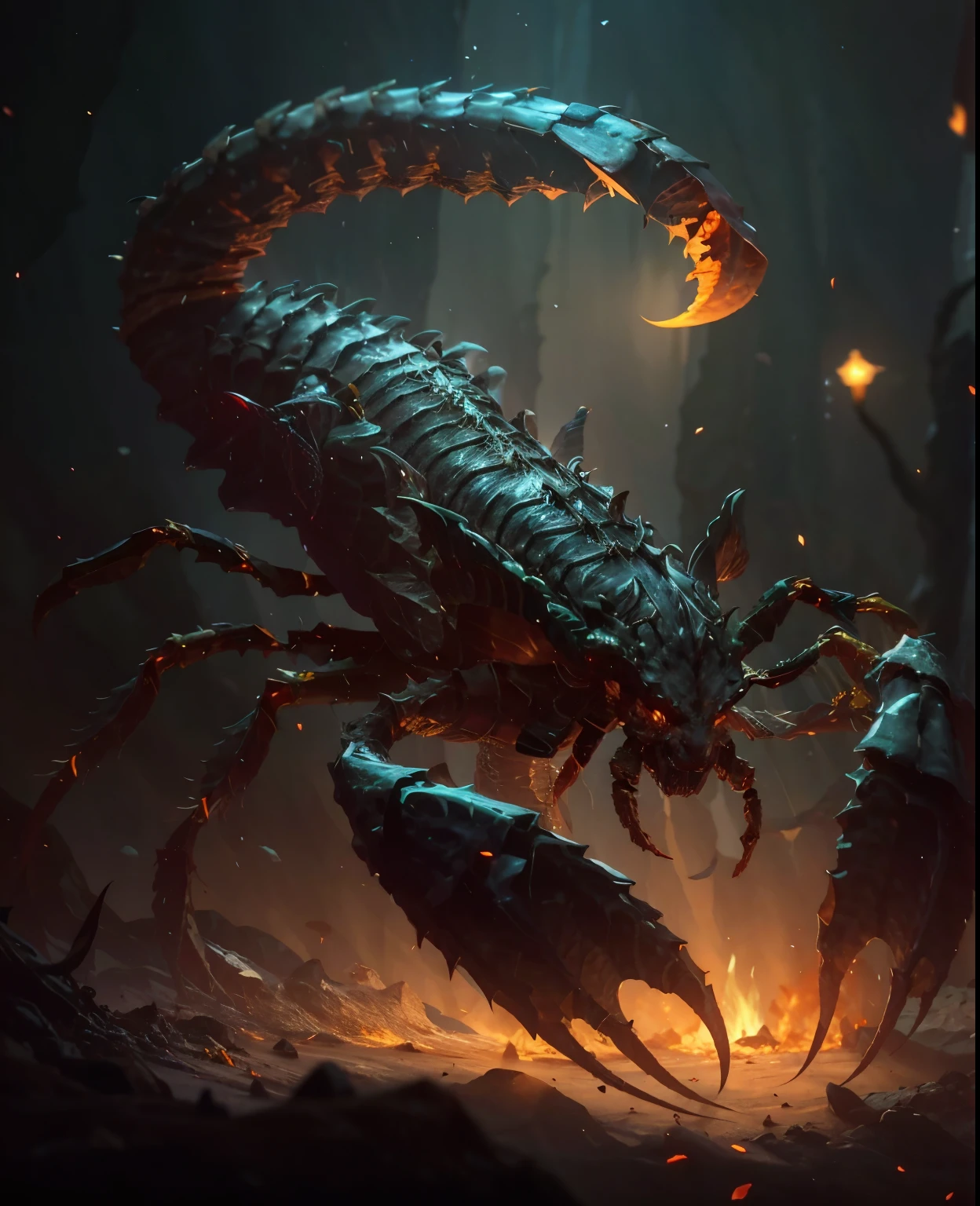 scorpion with glowing claws and claws in the dark, author：Adam Malczynski, Amazing space creatures 4k, scorpion, Diablo digital concept art, 8k high quality detailed art, 8K high-detail concept art, Realistic dark concept art, Thomas Allen Koppella and cgociety, Art Station Contest Winners, centipede, scorpion tail