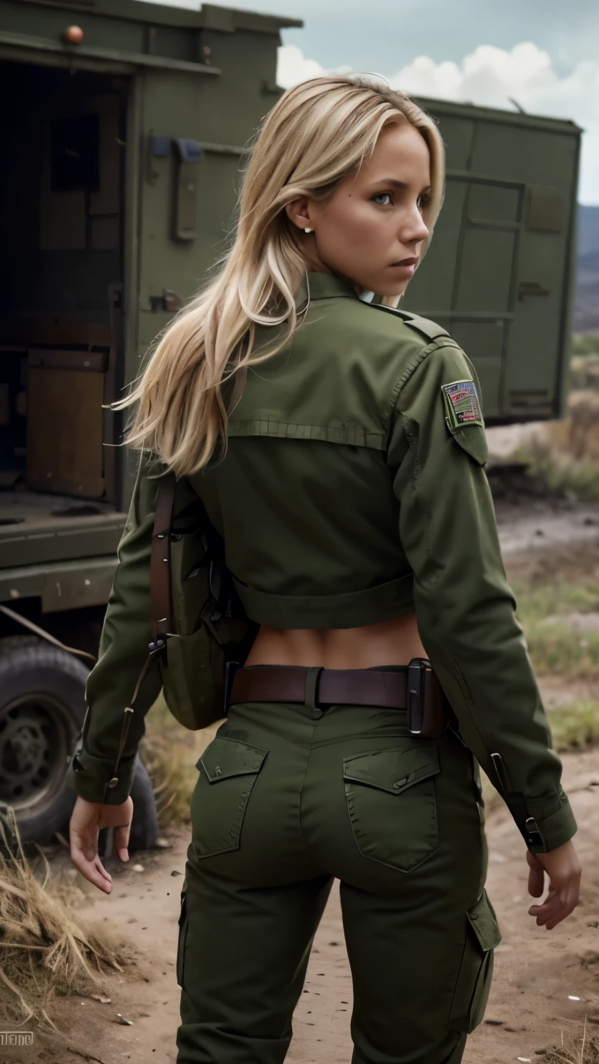Foto hiperrealista en primer plano de 20 years old Maria Bello,, masterpiece, best quality, (photorealistic:1.4), full body, green army jacket, green uniform blouse, green tactical pants,  Depict a rural landscape in the rugged style of the game's concept art. This work should evoke a sense of abandonment and despair in a futuristic, post-apocalyptic world. Notice the intricacies of detail, the sharp focus. cinematic light, beautiful woman, skinny, small breasts, straight blond  hair, detailed face, photo taken from a distance, she walks away, her butt is visible