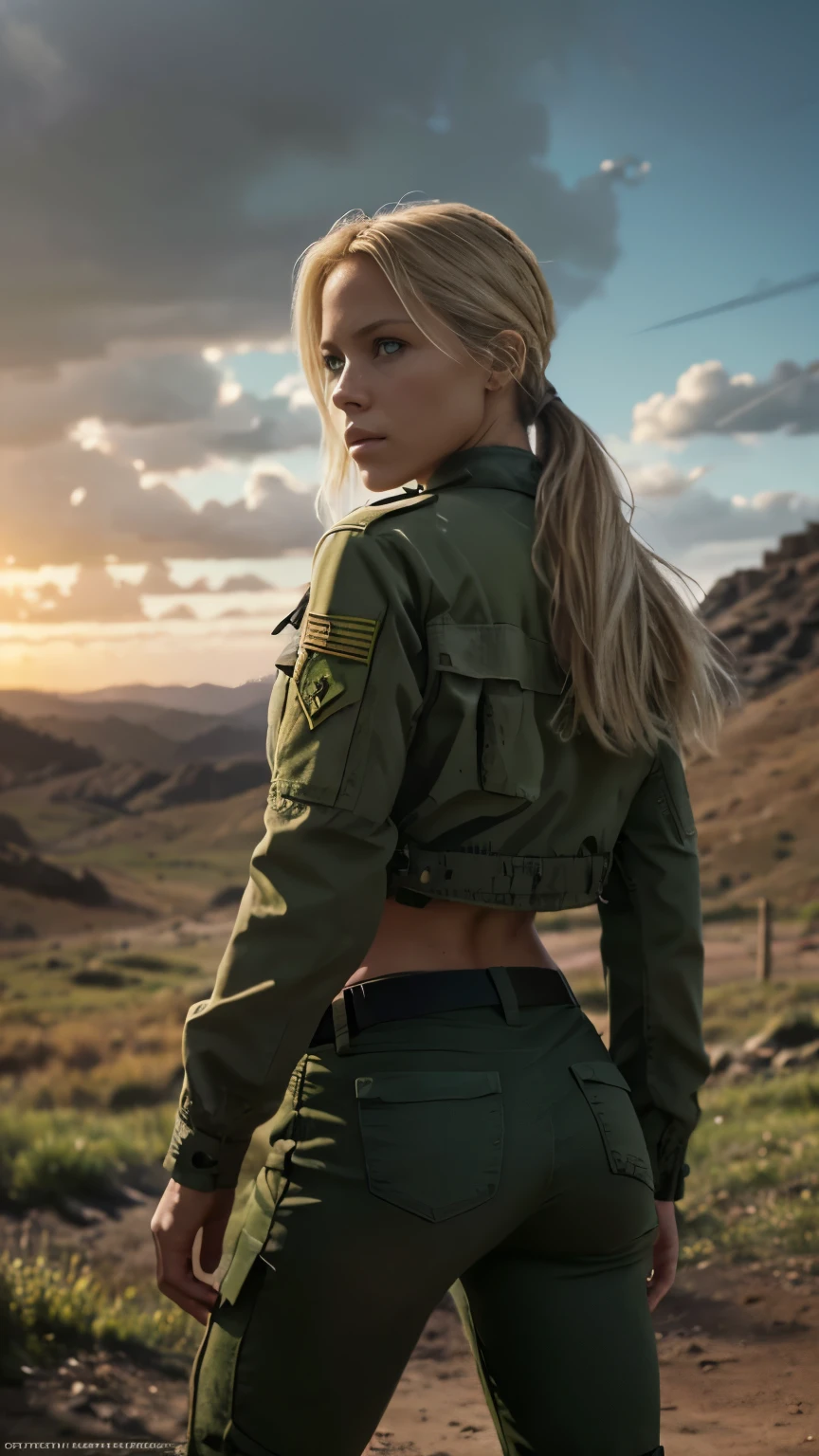 Foto hiperrealista en primer plano de 20 years old Maria Bello,, masterpiece, best quality, (photorealistic:1.4), full body, green army jacket, green uniform blouse, green tactical pants,  Depict a rural landscape in the rugged style of the game's concept art. This work should evoke a sense of abandonment and despair in a futuristic, post-apocalyptic world. Notice the intricacies of detail, the sharp focus. cinematic light, beautiful woman, skinny, small breasts, straight blond  hair, detailed face, photo taken from a distance, she walks away, her butt is visible