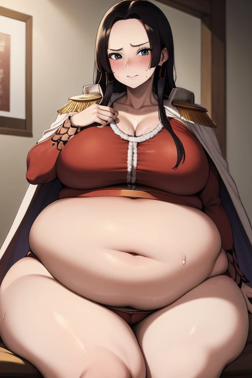 masterpiece, best quality, highres, hancock1, boa hancock, large breasts, big plump belly, ((massive belly)), ((full belly)), sweaty, juicy thighs, fat, mild, epaulettes, cape, crop top, side slit, cowboy shot, sitting, 