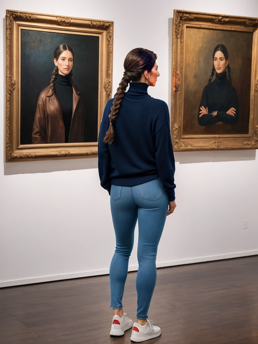 perspective view, full body view, pretty woman aged 35, wearing denim pants, sports shoes, black long turtleneck, standing in an elegant art gallery and looking at the paintings hanging on the dark wall, dark hair, french braid, facing away from the camera, high quality, photorealism