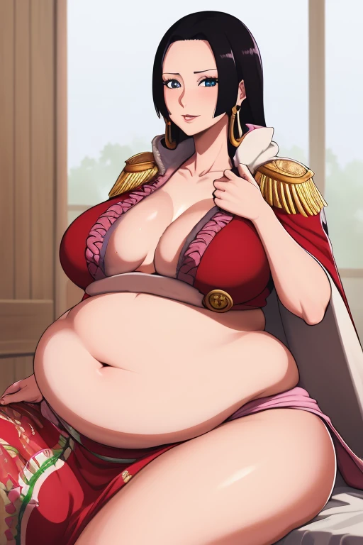 masterpiece, best quality, highres, hancock1, boa hancock, large breasts, big plump belly, ((massive belly)), ((full belly)), sweaty, juicy thighs, fat, mild, epaulettes, cape, crop top, side slit, cowboy shot, sitting,
