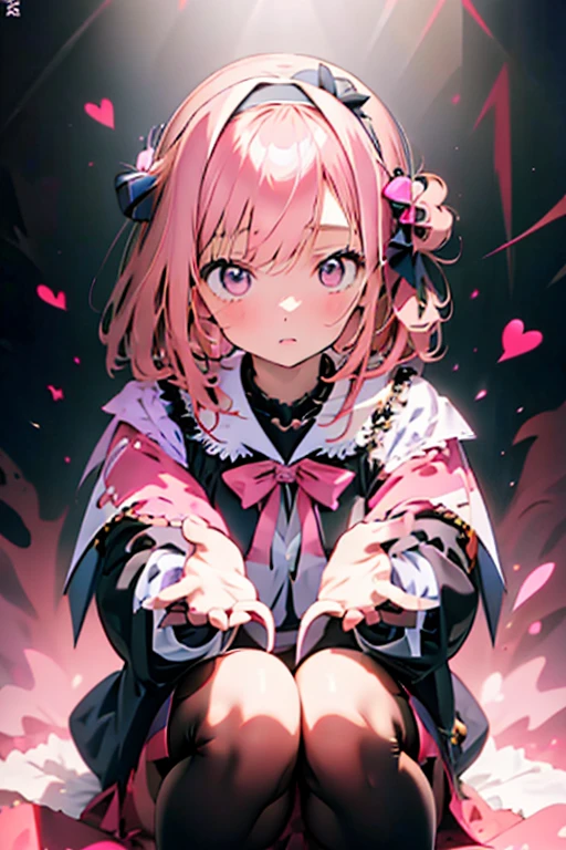 medium haired anime girl, masterpiece, best quality,wearing white hairband,also wearing light pink ribbon hairpin on each side, wearing black jacket,black socks, perfect lighting