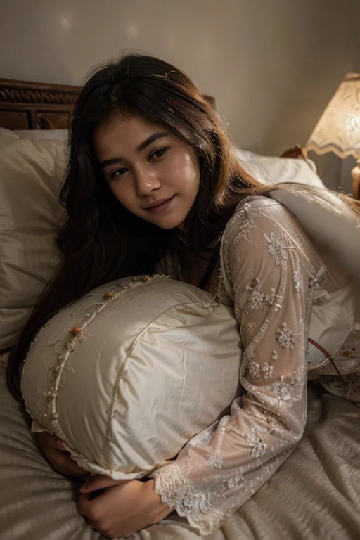 (extremely detailed 8k, best quality,realistic),masetpiece, ultra details, 1 girl, beautiful indonesia girl, 19 years old, (huge breast:0.8), (lace pajamas), messy long hair, sad smile, cinematic light, lens flare, night, (girl sleeping hugging pillow), focus to face, relax poses