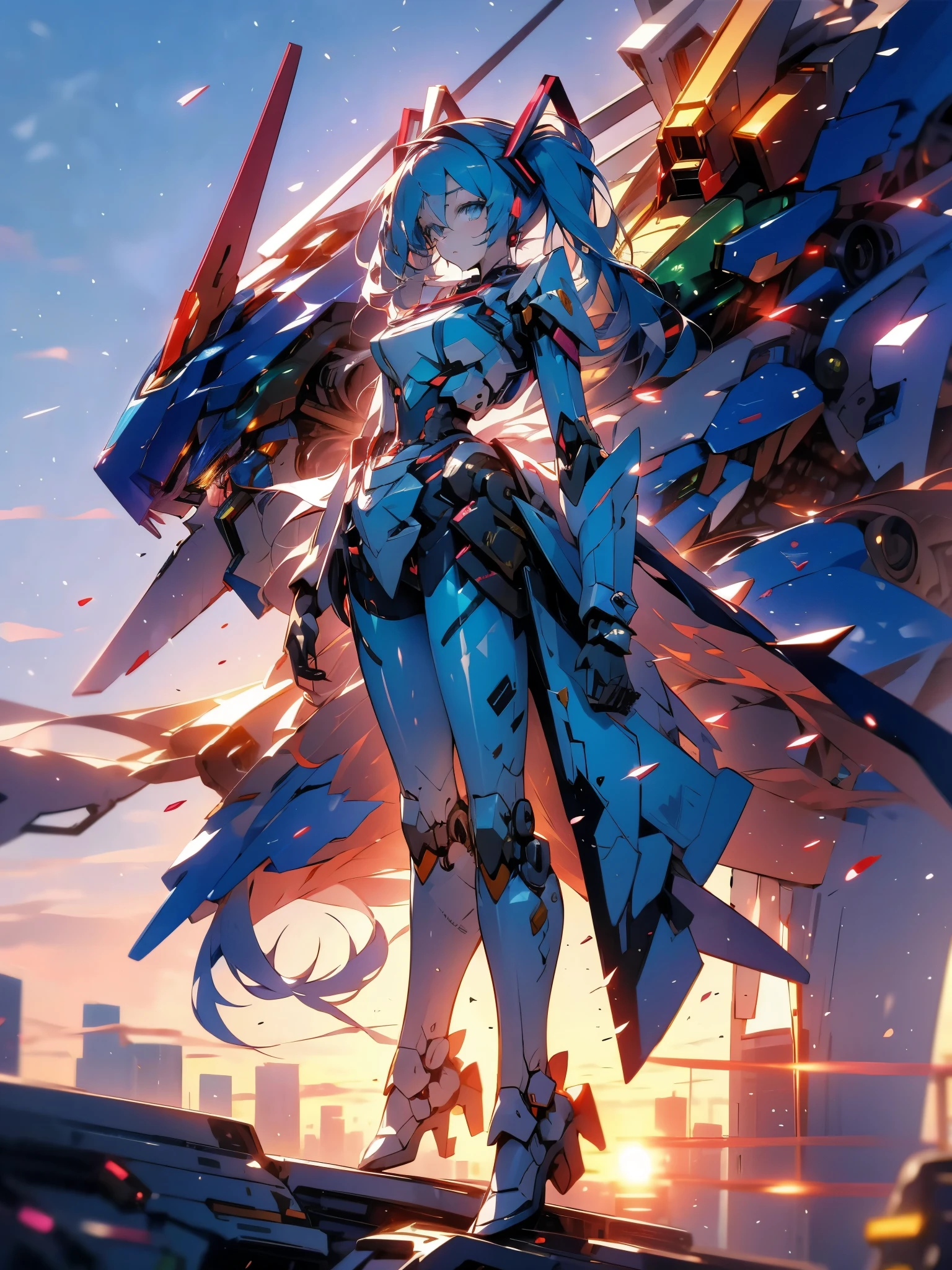 girl,Hatsune Miku,blue hair,Mecha,Gundam,City,sunset,end of the world,Oxygen mask,full-body shot