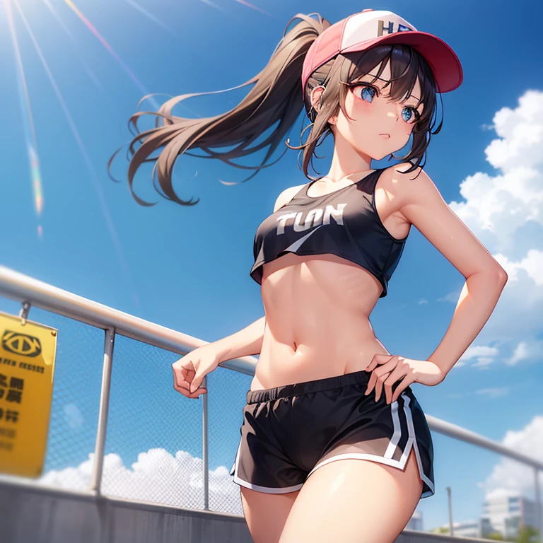 A girl, teenager、sports underwear、Navel Tank Top、vertical navel, sport shorts、running, ponytail、sport cap, shiny skin、the way