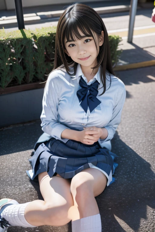 Representative works, highest quality,( cute Japanese woman:1.5),(Detailed young face:1.9),(very shy look:1.3),(thin legs:1.9),(Relax in the downtown area:1.8),(high school girl uniform:1.8),(droopy eyes:1.9),(big breasts:1.9),(smooth straight hair:1.5),(Whole body slender,thin legs),head band,very white skin,disappoint one&#39;bangs,details body,fine hands,not wearing makeup、big breastsの谷間が見える、超big breasts、とてもbig breasts、huge 、big breasts、standing position