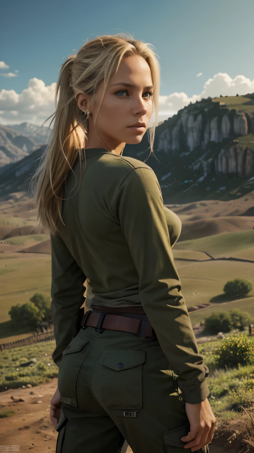 Foto hiperrealista en primer plano de 20 years old Maria Bello,, masterpiece, best quality, (photorealistic:1.4), full body, green long sleeves top tucked into tactical pants, Depict a rural landscape in the rugged style of the game's concept art. This work should evoke a sense of abandonment and despair in a futuristic, post-apocalyptic world. Notice the intricacies of detail, the sharp focus. cinematic light, beautiful woman, skinny, small breasts, straight blond hair, detailed face, photo taken from a distance,
