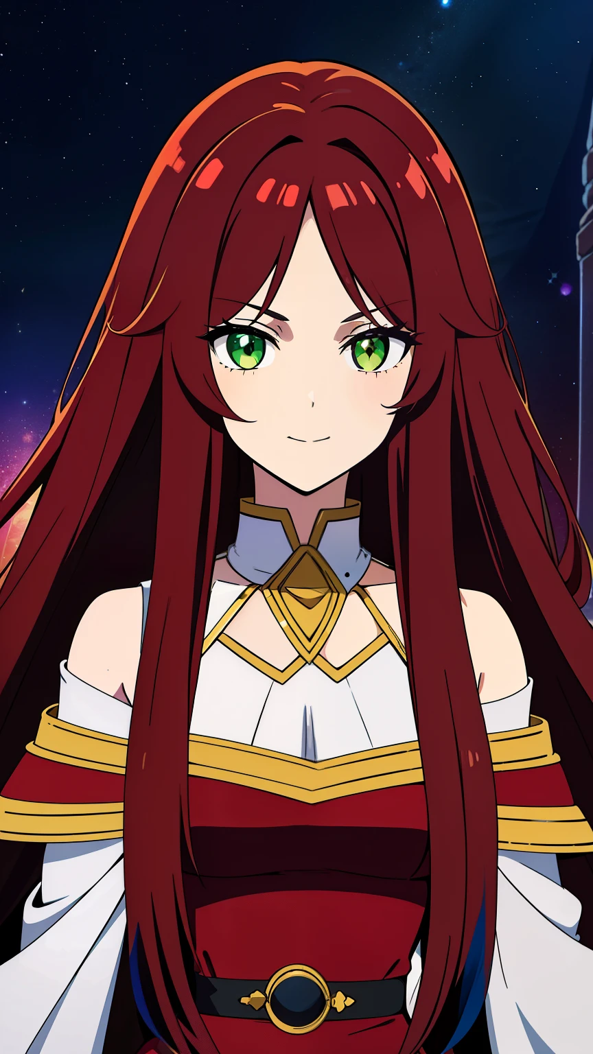 (high-quality, breathtaking),(expressive eyes, perfect face) 1female, female, solo, teenager, long length hair, Dark Wine color hair, multicolored hair, red streaks, glowing hair, white strands in hair, unkept hair, yellow green eyes, positive expression, soft smile, fantasy mage clothing, Dress, Muse Attire, God Wine and Peace, space background, portrait, upper body, magic, elegant, fluffy hair, age 17, Greek Clothing

