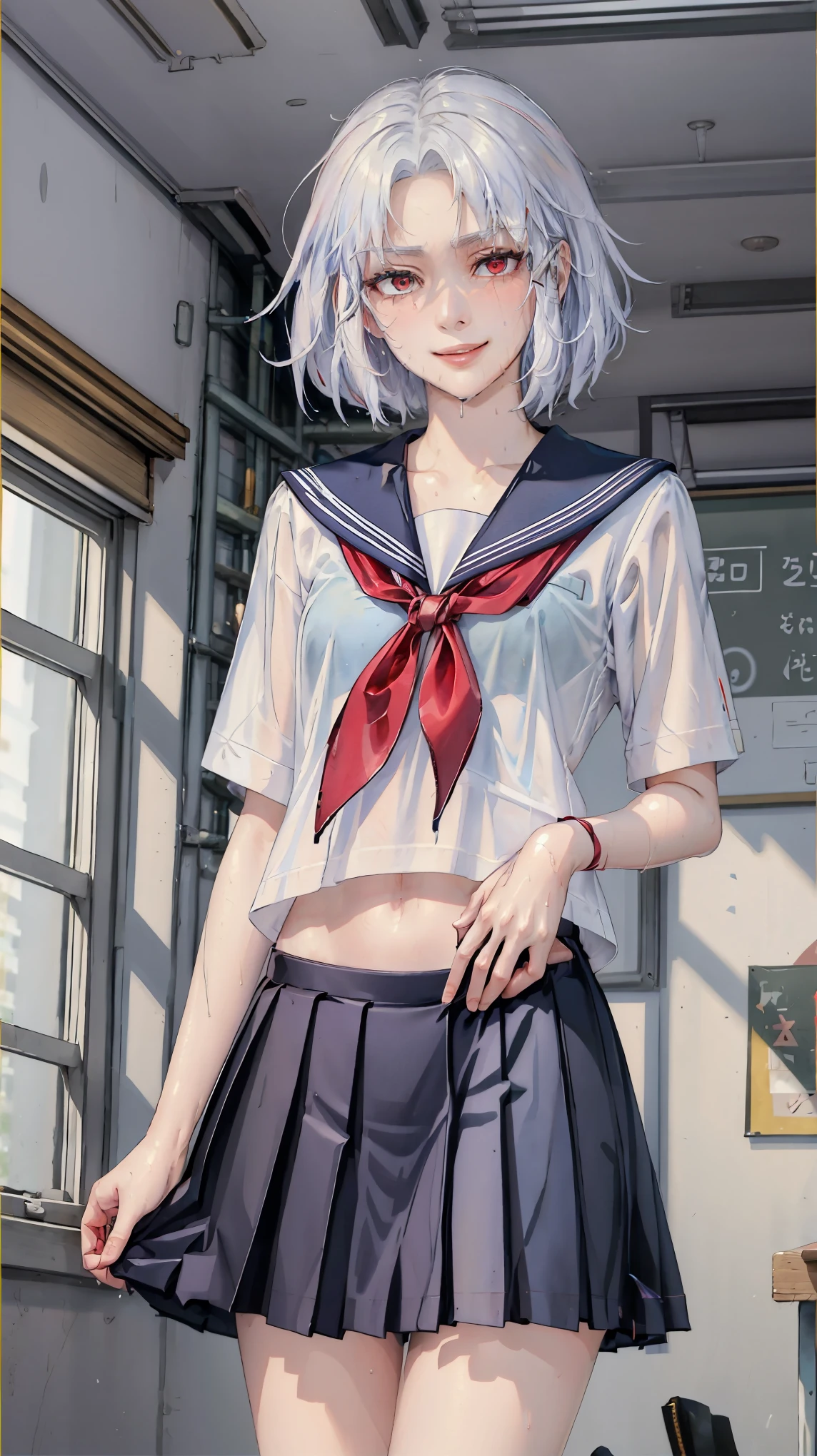 ((((masterpiece, best quality, high resolution)))), (1girl:1.5), ((short silky hair, white hair, red eyes, sharp eyes)), (average breasts:1.2), (blushing), (cheeky smile, parted lips), glow, thighs, collarbone, narrow waist, (slender body figure), (beautiful detailed face, beautiful detailed eyes), ((sailor fuku uniform, see through material, red ribbon, blue plated skirt)), (wet clothes), (standing up), looking at viewer, classroom, (cowboy shot)