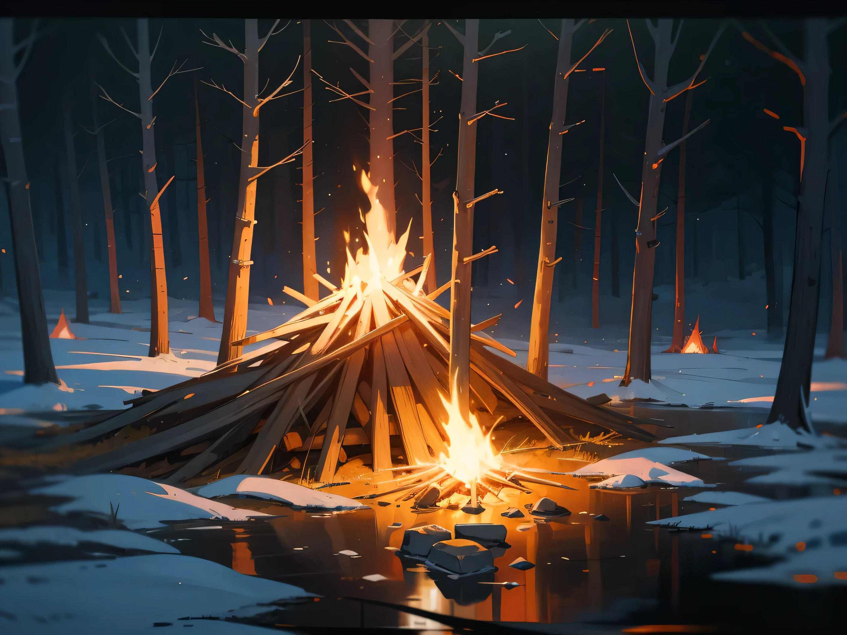 midnight, Bonfire in the deep forest