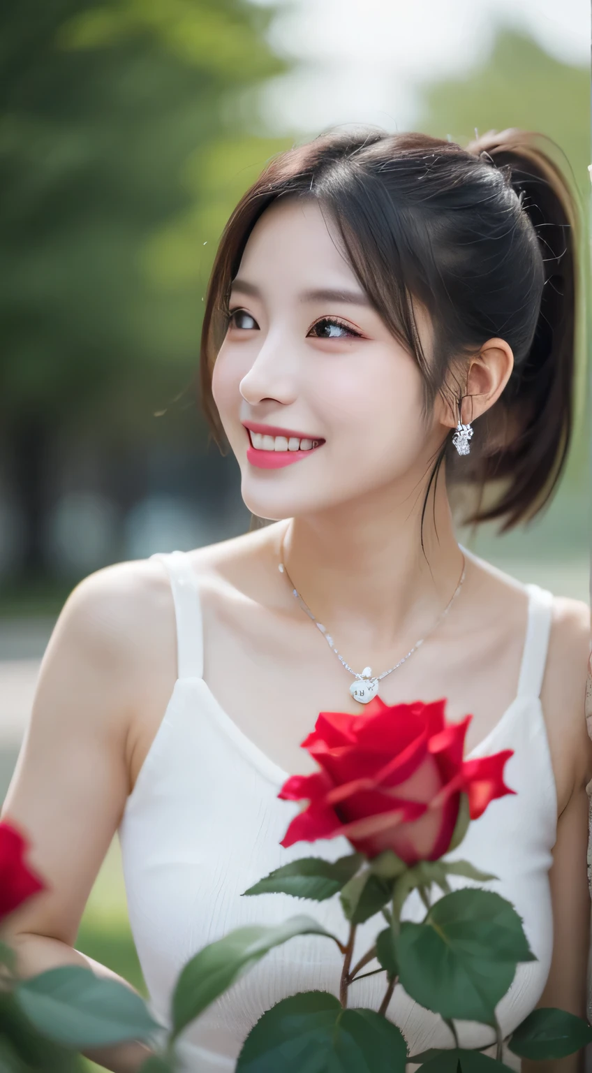Garden covered with red roses on the background, black hair, front ponytail, eye reflex, red contact lenses, black eyes,Heterochromia，She is a beautiful Chinese girl, Exquisite facial features, It's a perfect face, wear earrings, Sapphire pendant，evil smile, high detail, romanticism lain, depth of field, spark of light, Ray tracing, viewfinder, Scale layers, close up, Bokeh, anatomically correct, high detail, 1080P, ultra high definition