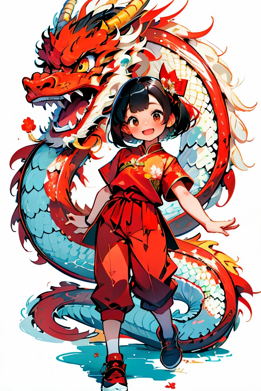 chinese new year, 1girl, looking at viewer, blush, smile, short hair, simple background, shirt, black hair, bow, brown eyes, flower, short sleeves, shoes, teeth, pants, grin, arm up, black pants, white footwear, white flower, red shirt, red background, dragon, eastern dragon,