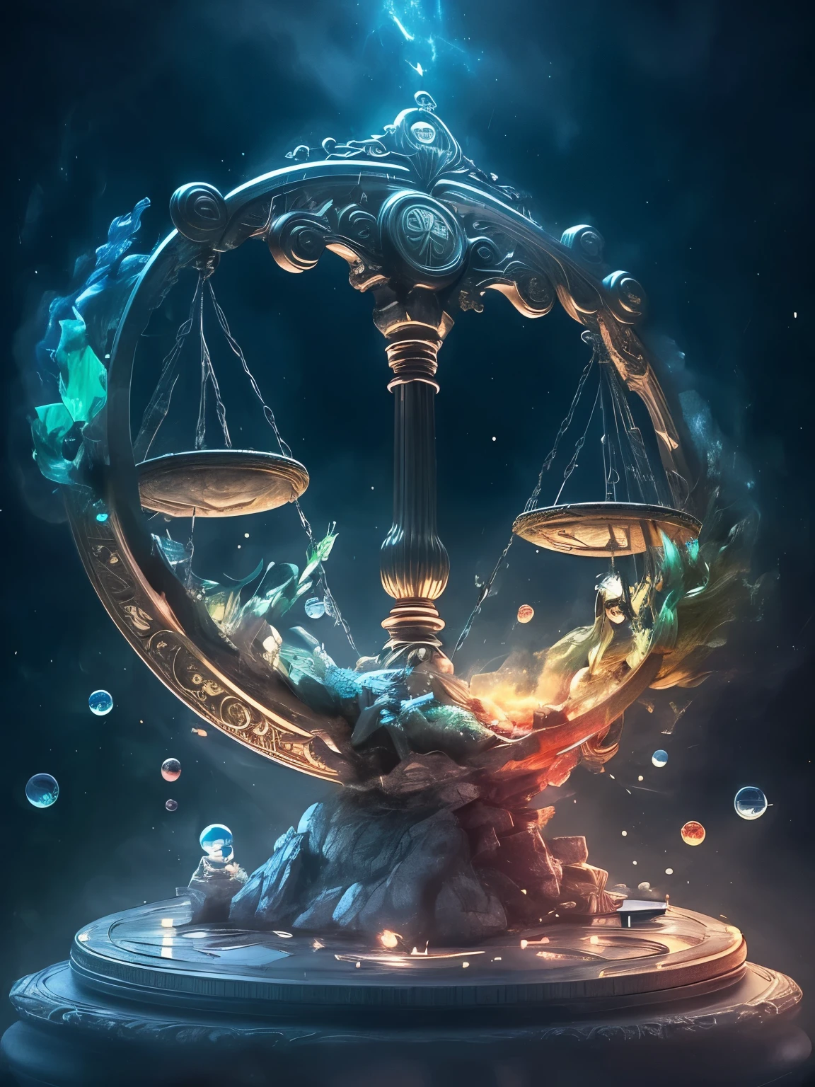 There is a statue of Lady Justice holding a scale., zodiac Libra sign, Libra symbol, Libra, author:Adam Malczynski, author:Alexander Kozis, author:Alexander Giemsky, Alexander Bogan, background artwork, author:Alexander Kobzd, Beautiful digital artwork, 4k highly detailed digital art