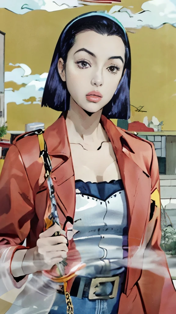 anime girl with purple hair and a red jacket holding a chain, nico robin, satoshi kon artstyle, faye valentine from cowboy bebop, style is a blend of æon flux, satoshi kon anime, style of satoshi kon, in jojo\'s bizarre adventure, inspired by Kusumi Morikage, in a mixed style of æon flux