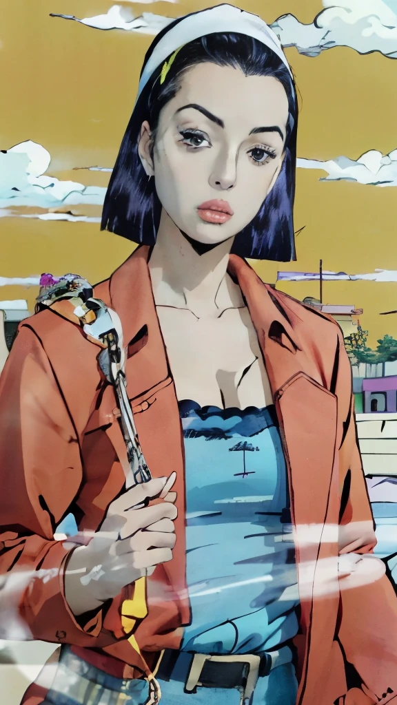 anime girl with purple hair and a red jacket holding a chain, nico robin, satoshi kon artstyle, faye valentine from cowboy bebop, style is a blend of æon flux, satoshi kon anime, style of satoshi kon, in jojo\'s bizarre adventure, inspired by Kusumi Morikage, in a mixed style of æon flux