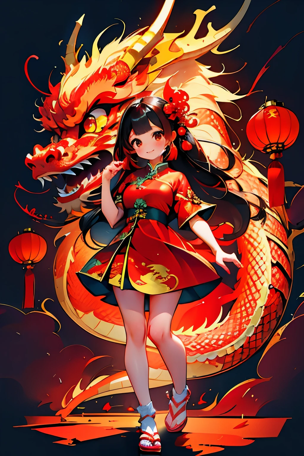 chinese new year, 1girl, solo, long hair, looking at viewer, blush, smile, bangs, brown hair, hair ornament, dress, holding, brown eyes, medium breasts, closed mouth, standing, full body, flower, short sleeves, socks, hair flower, bare legs, chinese clothes, red dress, sandals, red flower, red footwear, china dress, red nails, lantern, dragon, paper lantern, eastern dragon,