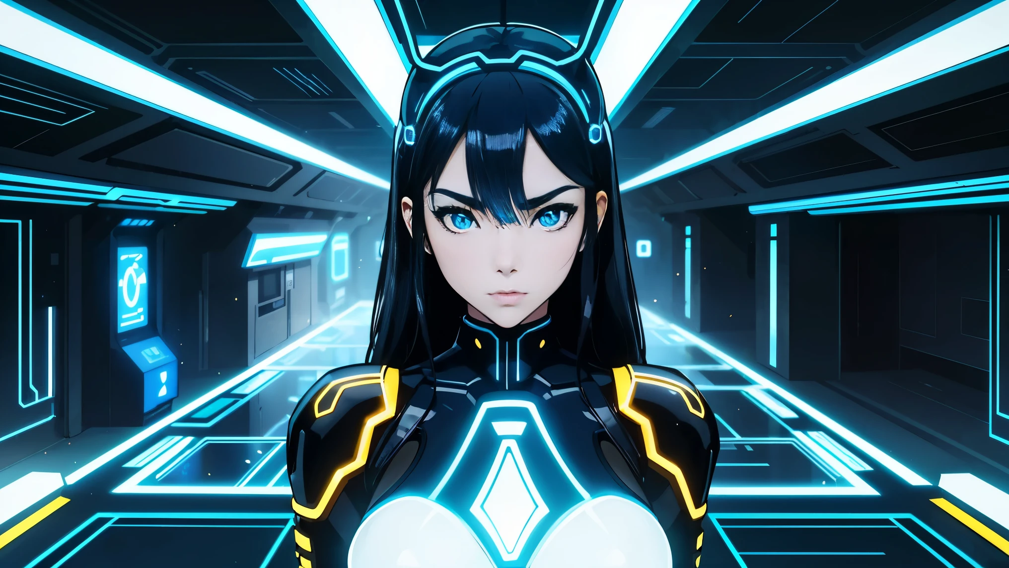 cool phonk anime girl , dark blue hair , blue eyes , underground dance club , whole body shot, big breast, (Perfect thick white eyebrows) Delicate fur, 详细s face, s the perfect face, standing At a in an underground club in tron movie, Comfortable background, perfect decoration, dark atmosphere, ((tron movie "yellow" lighting)), (The round lenses on his eyes)(詳細な目), Perfect student, face close up