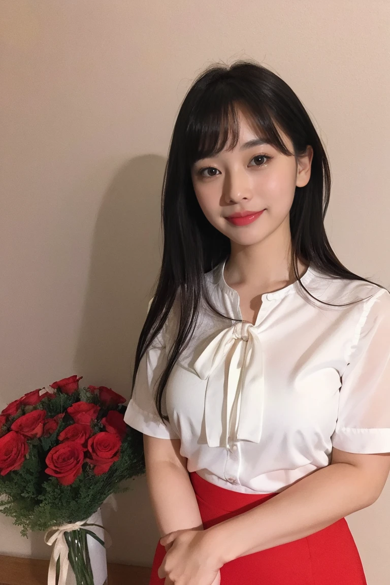 Medium view, medium shot, written boundary depth, bust, Upper body, cinematic angle, masterpiece, highest quality, Super detailed, cg, 8k wallpaper, beautiful face, delicate eyes, maiden, alone, smile, bangs、shirt, Crimson dress,skirt lift、red panties、 bow, petal, bouquet