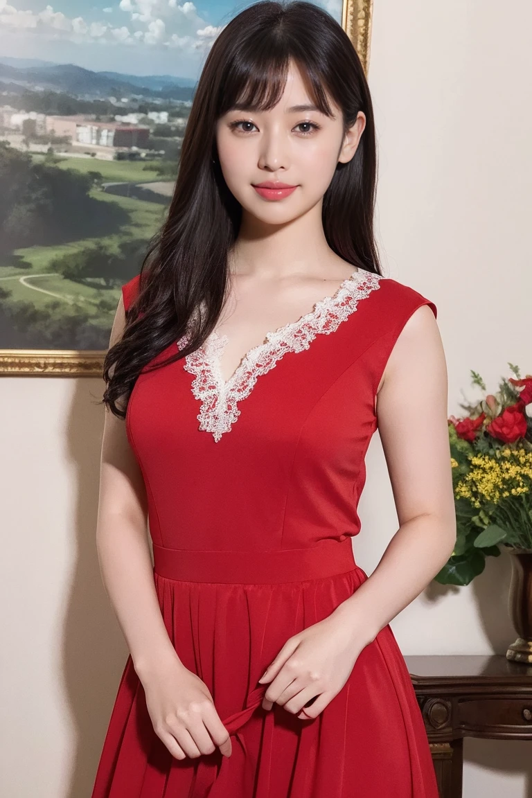 Medium view, medium shot, written boundary depth, bust, Upper body, cinematic angle, masterpiece, highest quality, Super detailed, cg, 8k wallpaper, beautiful face, delicate eyes, maiden, alone, smile, bangs、shirt, Crimson dress,skirt lift、red panties、 bow, petal, bouquet