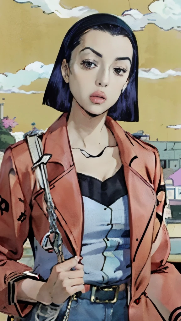 anime girl with purple hair and a red jacket holding a chain, nico robin, satoshi kon artstyle, faye valentine from cowboy bebop, style is a blend of æon flux, satoshi kon anime, style of satoshi kon, in jojo\'s bizarre adventure, inspired by Kusumi Morikage, in a mixed style of æon flux