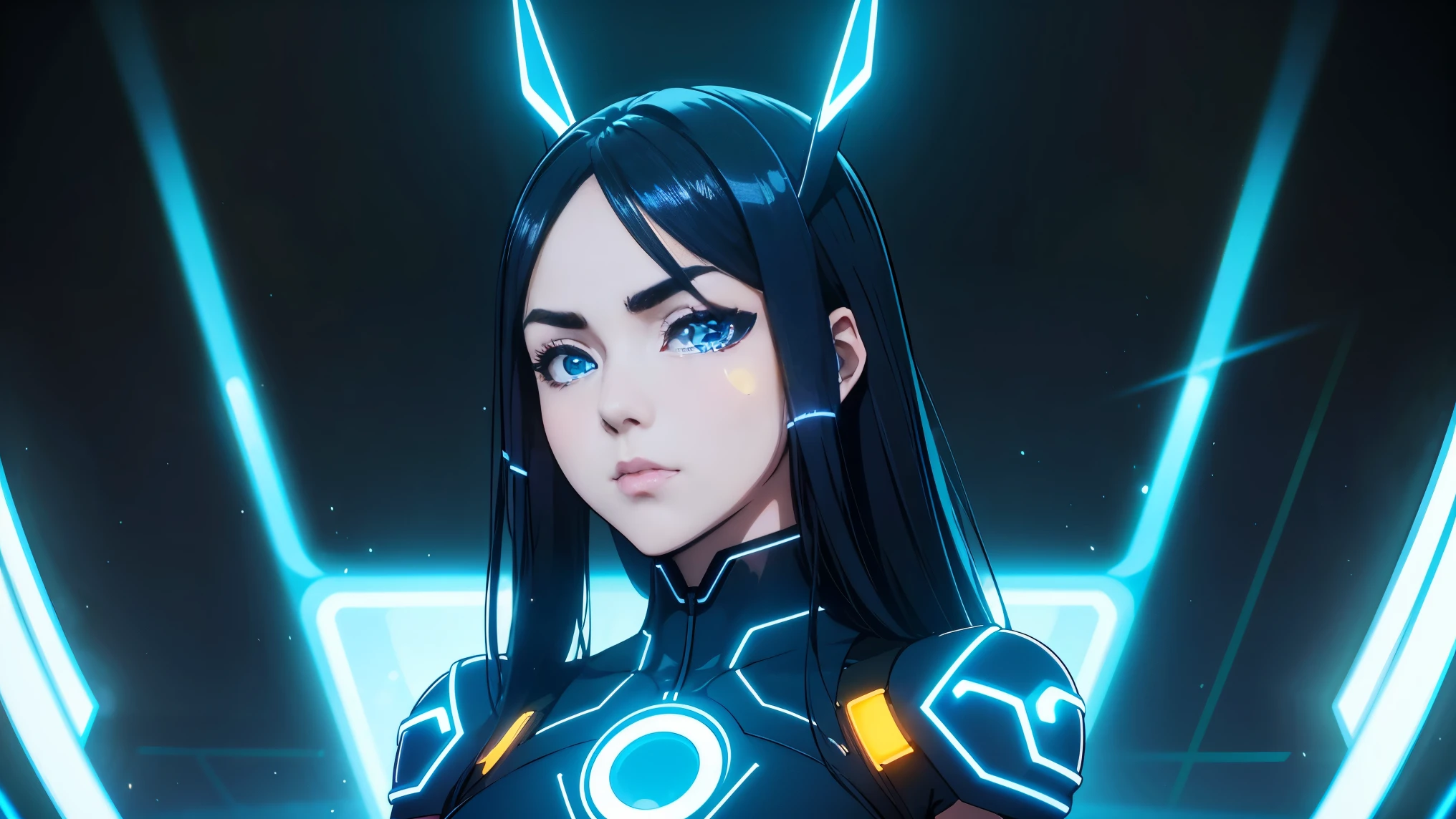cool phonk anime girl , dark blue hair , blue eyes  , underground dance club , whole body shot, big ??????, (Perfect thick white eyebrows) Delicate fur, 详细s face, s the perfect face, standing At a in an underground  club in tron movie, Comfortable background, perfect decoration, dark atmosphere, ((tron movie "yellow" lighting)), (The round lenses on his eyes)(詳細な目), Perfect student, face close up